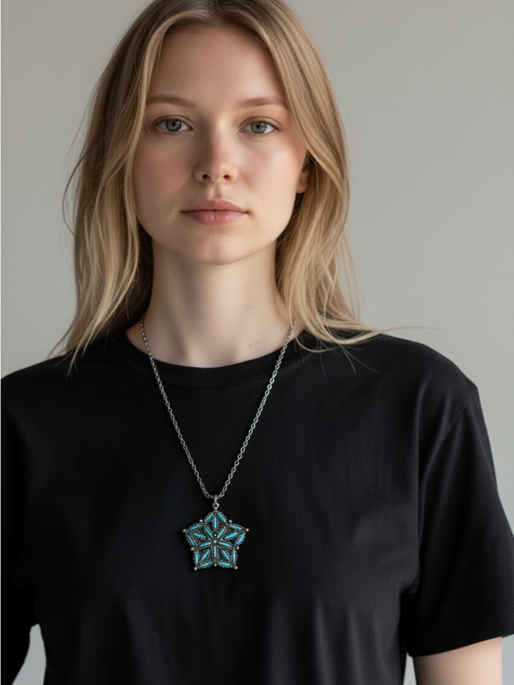 10/8 Turquoise Star Pendant Necklace - Silver Chain